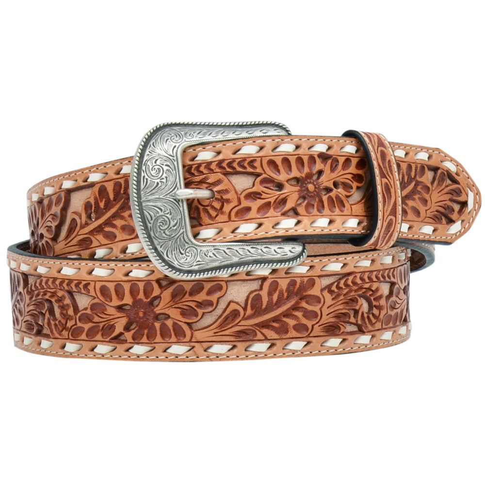 42 in 3D Mens Floral Embossed Buckstitch Western Belt Natural