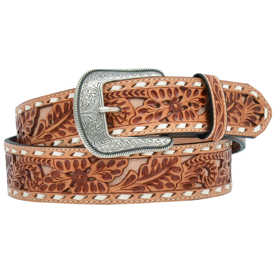 36 in 3D Mens Floral Embossed Buckstitch Western Belt Natural
