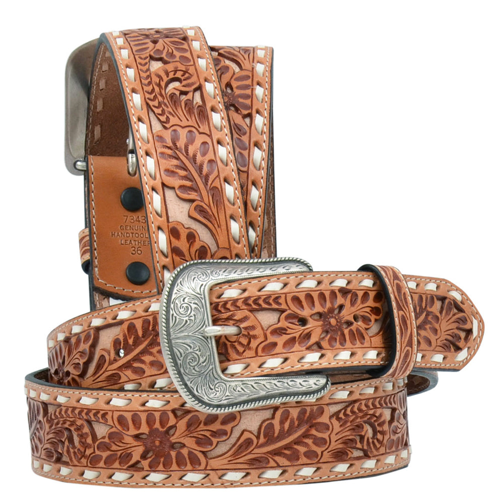 42 in 3D Mens Floral Embossed Buckstitch Western Belt Natural