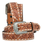 42 in 3D Mens Floral Embossed Buckstitch Western Belt Natural