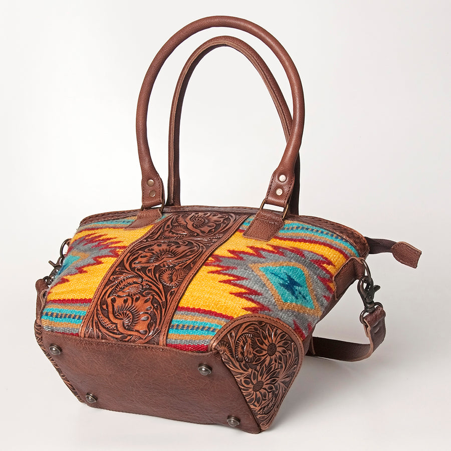 American Darling Tote Bag for Women, Hand Tooled Floral Leather & Woven Saddle Blanket Western Bag with YKK Zipper