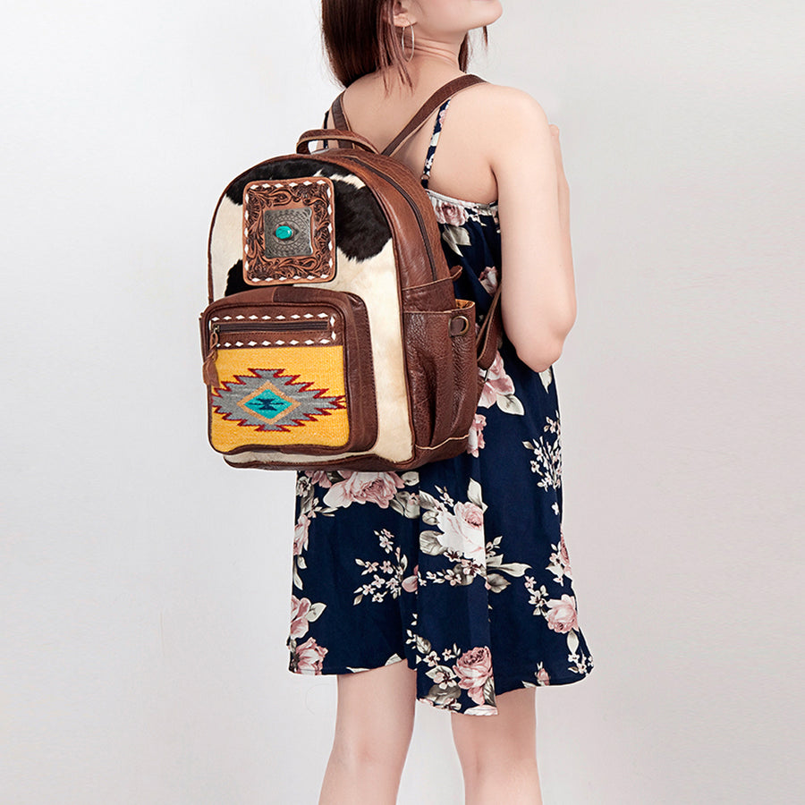 American Darling Backpack for Women, Hand Tooled Floral Leather & Hair-On Cowhide Western Bag, Woven Saddle Blanket & YKK Zipper