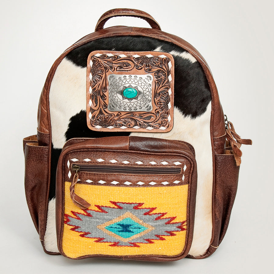 American Darling Backpack for Women, Hand Tooled Floral Leather & Hair-On Cowhide Western Bag, Woven Saddle Blanket & YKK Zipper