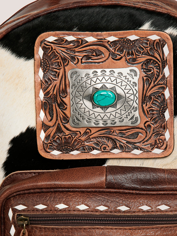 American Darling Backpack for Women, Hand Tooled Floral Leather & Hair-On Cowhide Western Bag, Woven Saddle Blanket & YKK Zipper