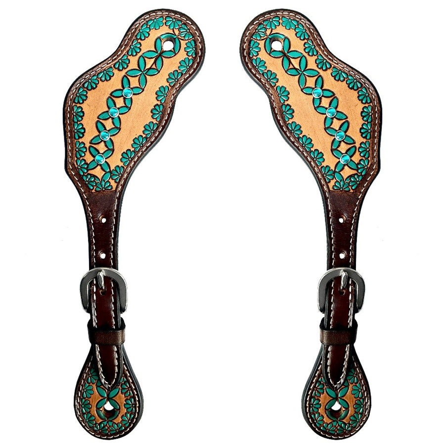 Leather spur straps with turquoise tooling - Uhorse