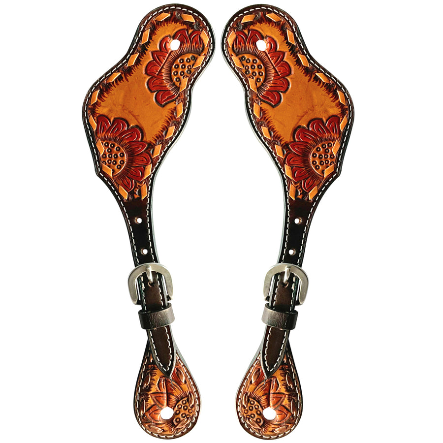 Leather spur straps with tooled floral design - Uhorse
