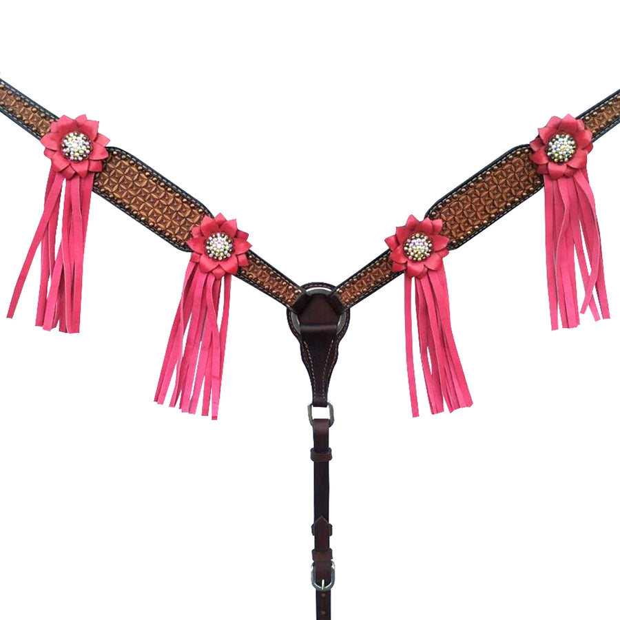 Pink and brown leather horse breast collar with fringe - Uhorse