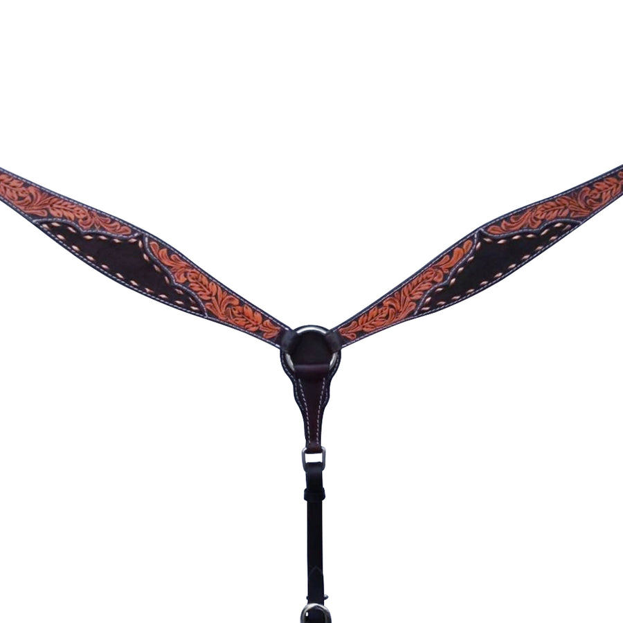 Black leather breast collar with tooled orange floral design - Uhorse
