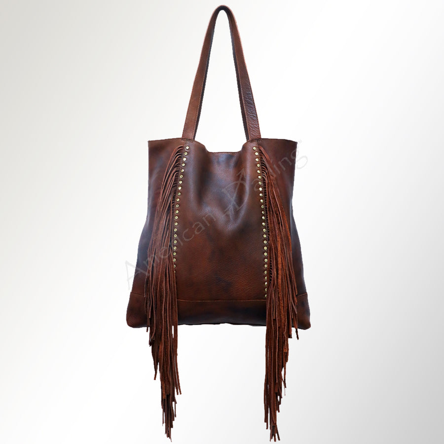 American Darling Tote Bag - Genuine Vegetable-Tanned Leather Western Purse with Fringes and YKK Zipper - 17x17in