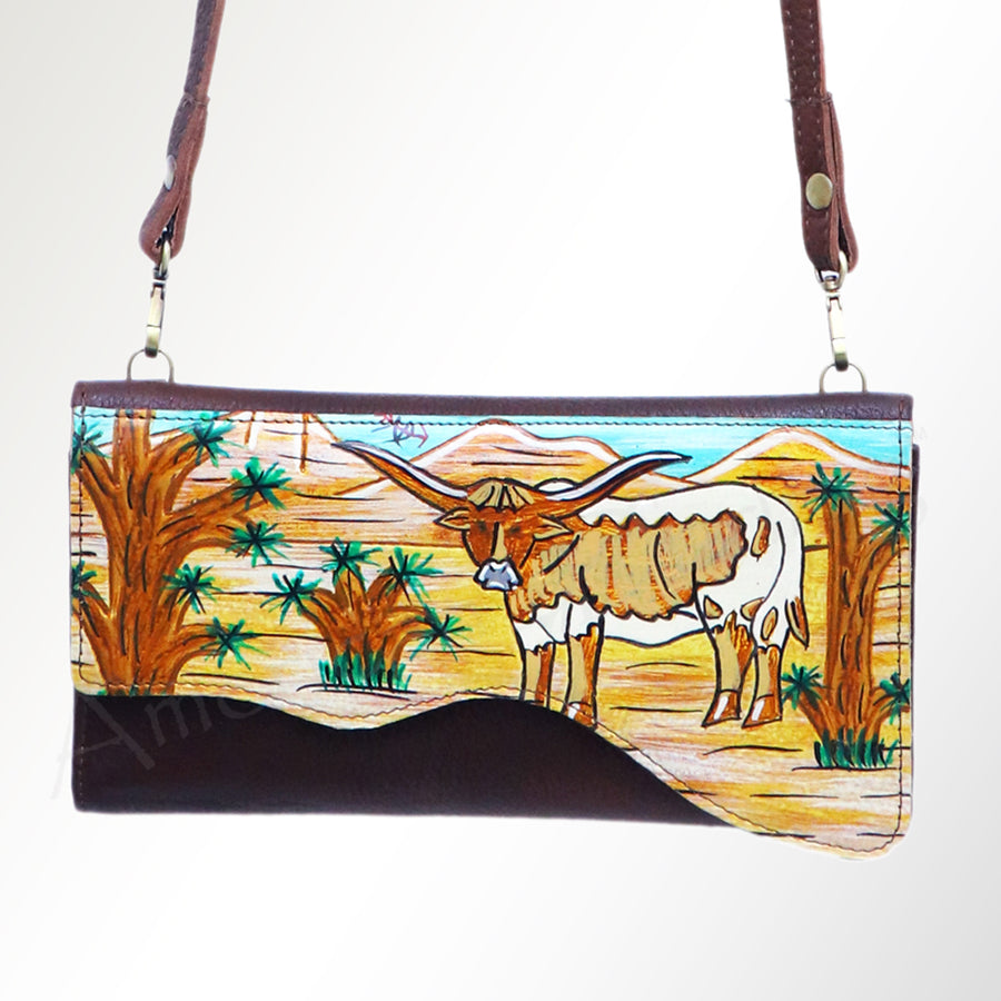 American Darling Small Cross body Bag, Hand Painted Western Scene, Vegetable Tanned Full Grain Leather, 4in (H) X 8in (W) X 1in (D)