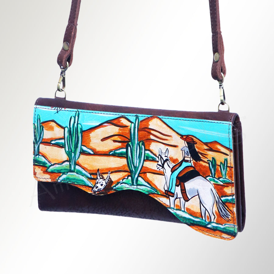 American Darling Small Cross body Bag, Hand Painted Western Scene, Vegetable Tanned Full Grain Leather, 4in (H) X 8in (W) X 1in (D)