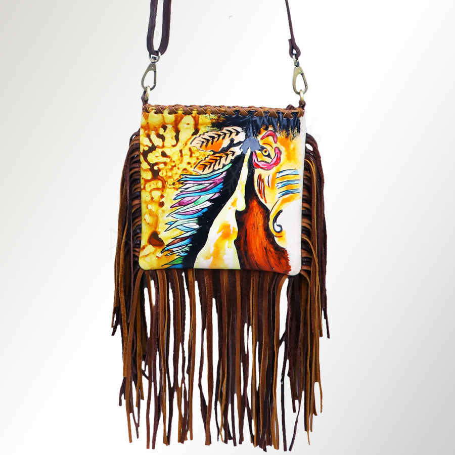 American Darling Large Cross body Bag, Hand Painted Western Art, Fringed Vegetable Tanned Leather, 6in X 8.5in X 1in