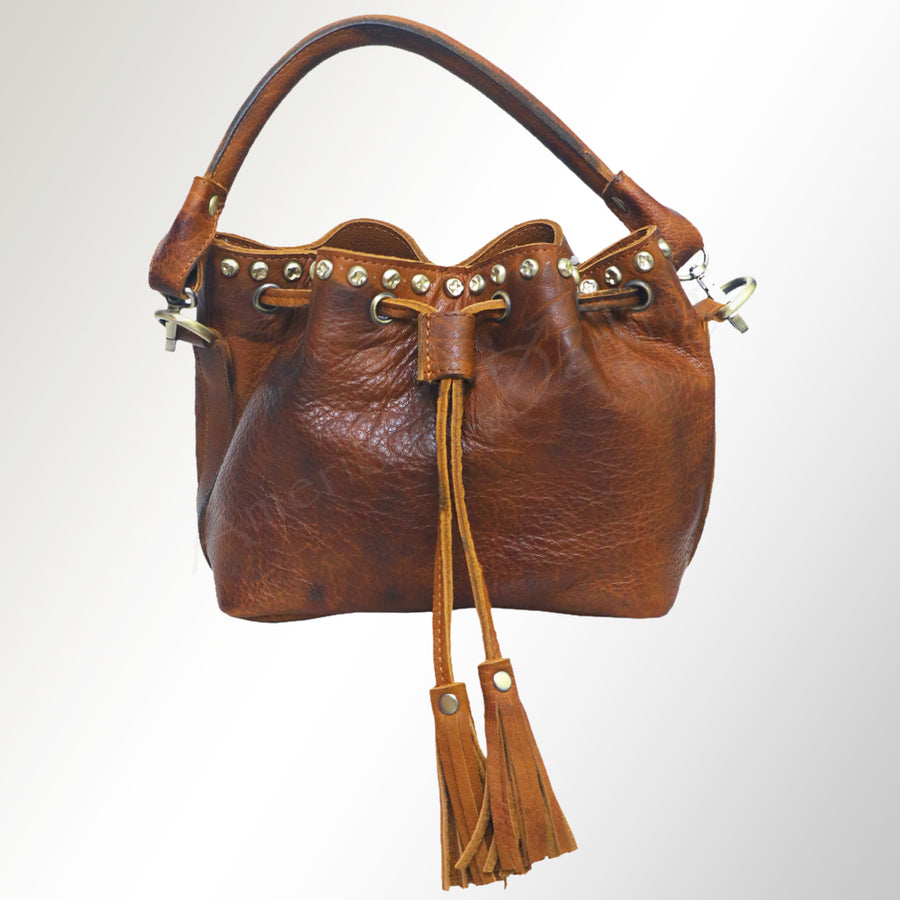 American Darling Bucket Bag, Genuine Vegetable Tanned Full Grain Leather, Rivetted Drawstring Purse, 6.5in X 11in X 4.5in