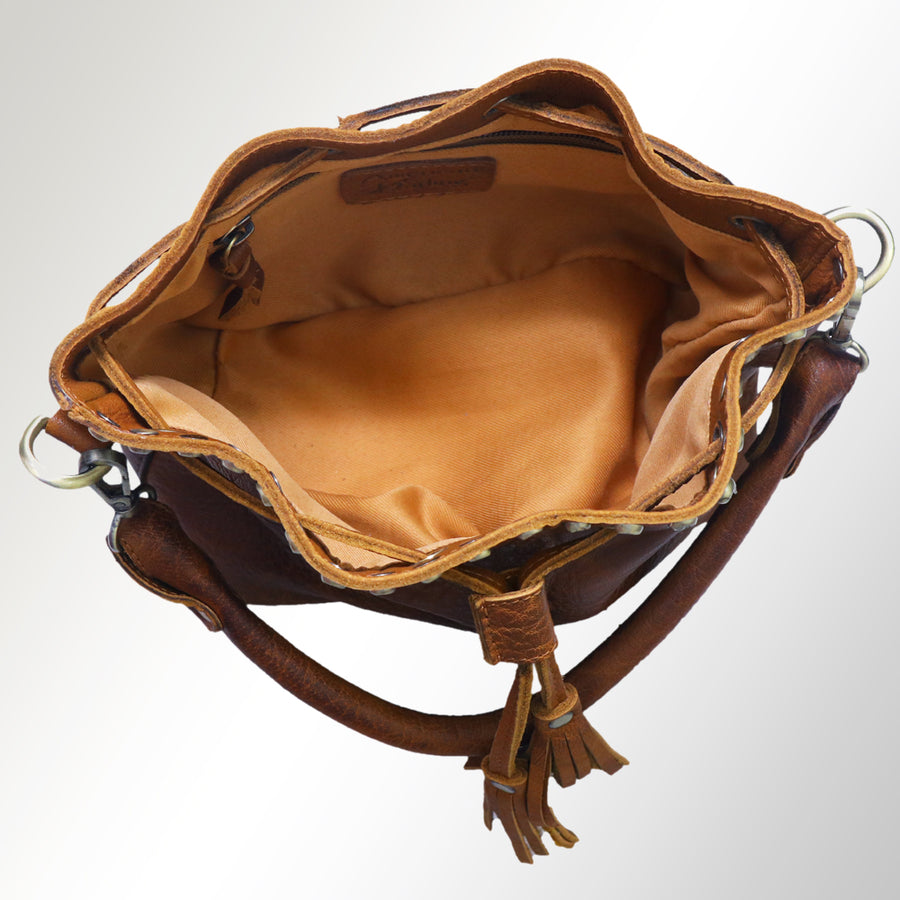 American Darling Bucket Bag, Genuine Vegetable Tanned Full Grain Leather, Rivetted Drawstring Purse, 6.5in X 11in X 4.5in