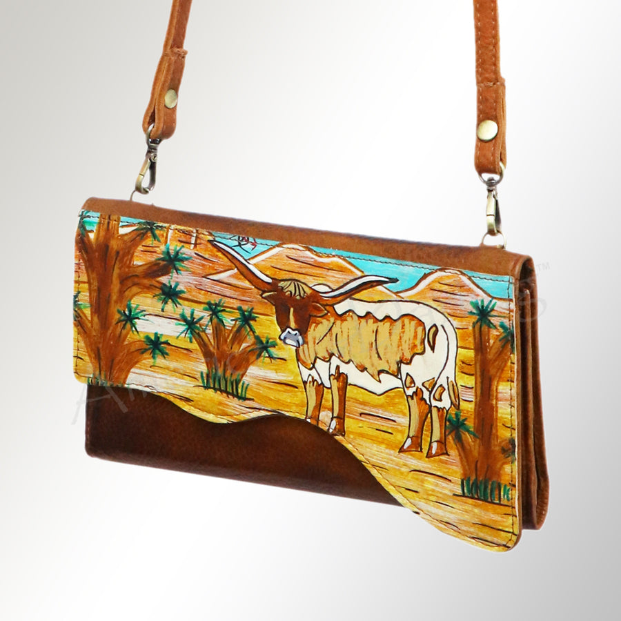 American Darling Small Cross body Bag, Hand Painted Western Scene, Vegetable Tanned Full Grain Leather, 4in (H) X 8in (W) X 1in (D)