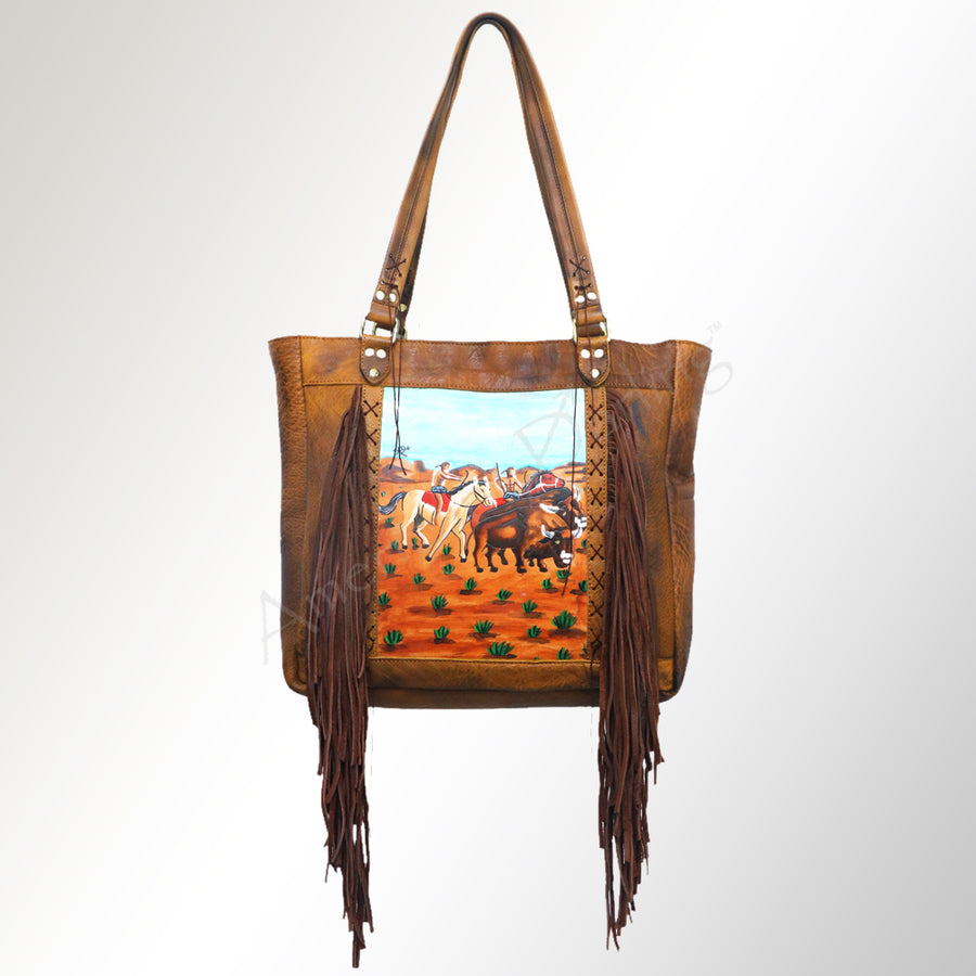 American Darling Hand Painted Western Leather Tote Bag for Women, Fringed Vegetable-Tanned Full Grain Leather, 13in (H) X 4in (W) X 14in (D)