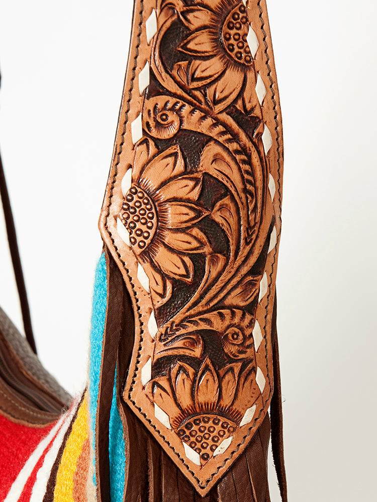American Darling Hand-Woven Saddle Blanket Hobo Bag Women's Genuine Leather Hand Tooled Purse with Fringes & YKK Zipper