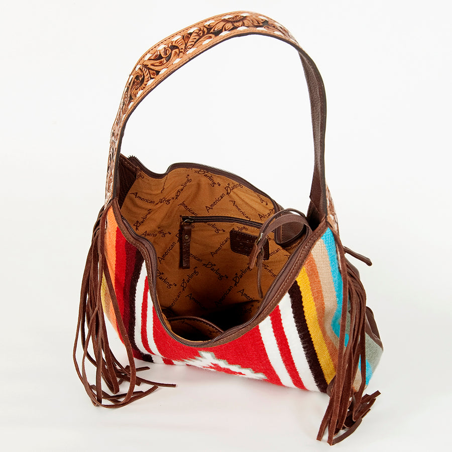 American Darling Hand-Woven Saddle Blanket Hobo Bag Women's Genuine Leather Hand Tooled Purse with Fringes & YKK Zipper