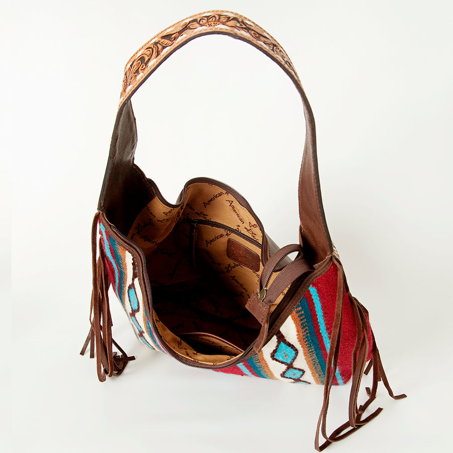 American Darling Hand-Woven Saddle Blanket Hobo Bag Women's Genuine Leather Hand Tooled Purse with Fringes & YKK Zipper