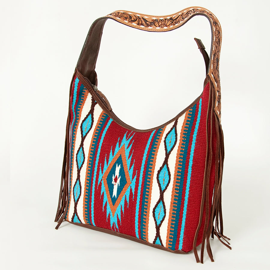 American Darling Hand-Woven Saddle Blanket Hobo Bag Hand Tooled Leather Fringe - Uhorse