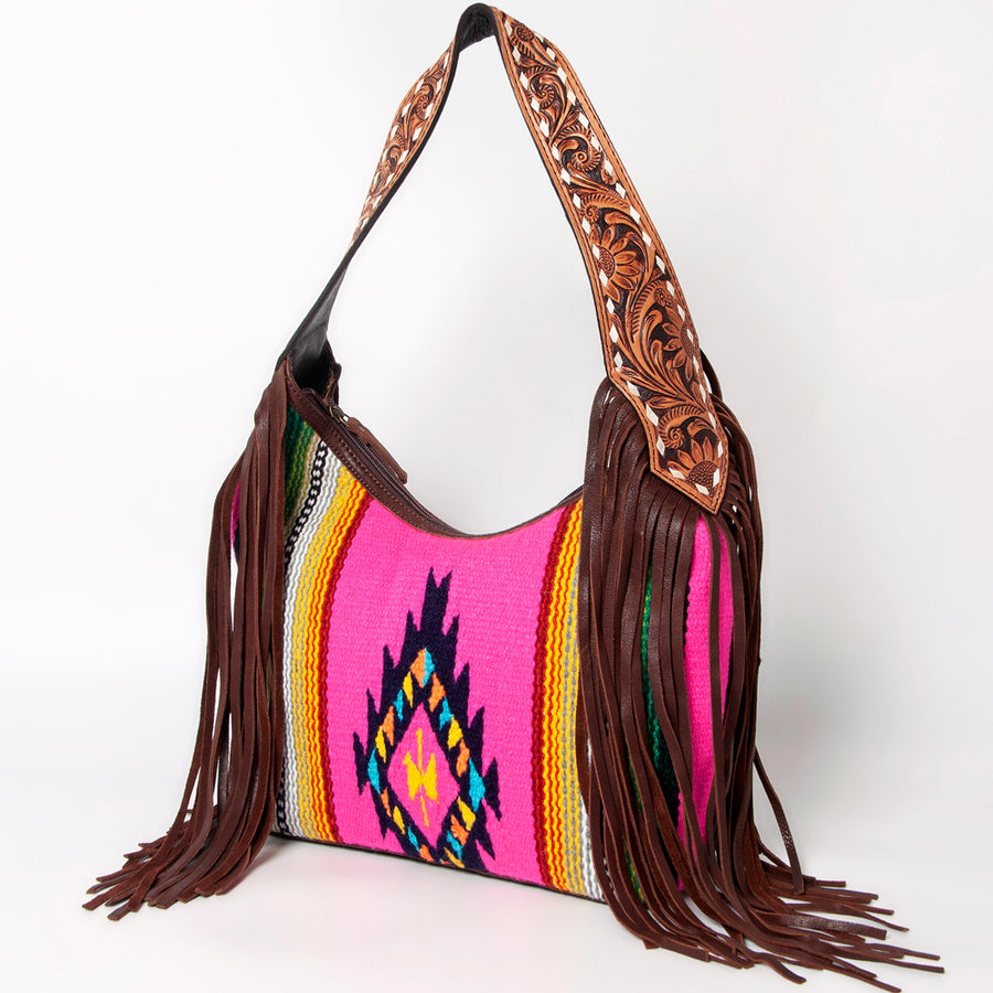American Darling Hand-Woven Saddle Blanket Hobo Bag Women's Genuine Leather Hand Tooled Purse with Fringes & YKK Zipper