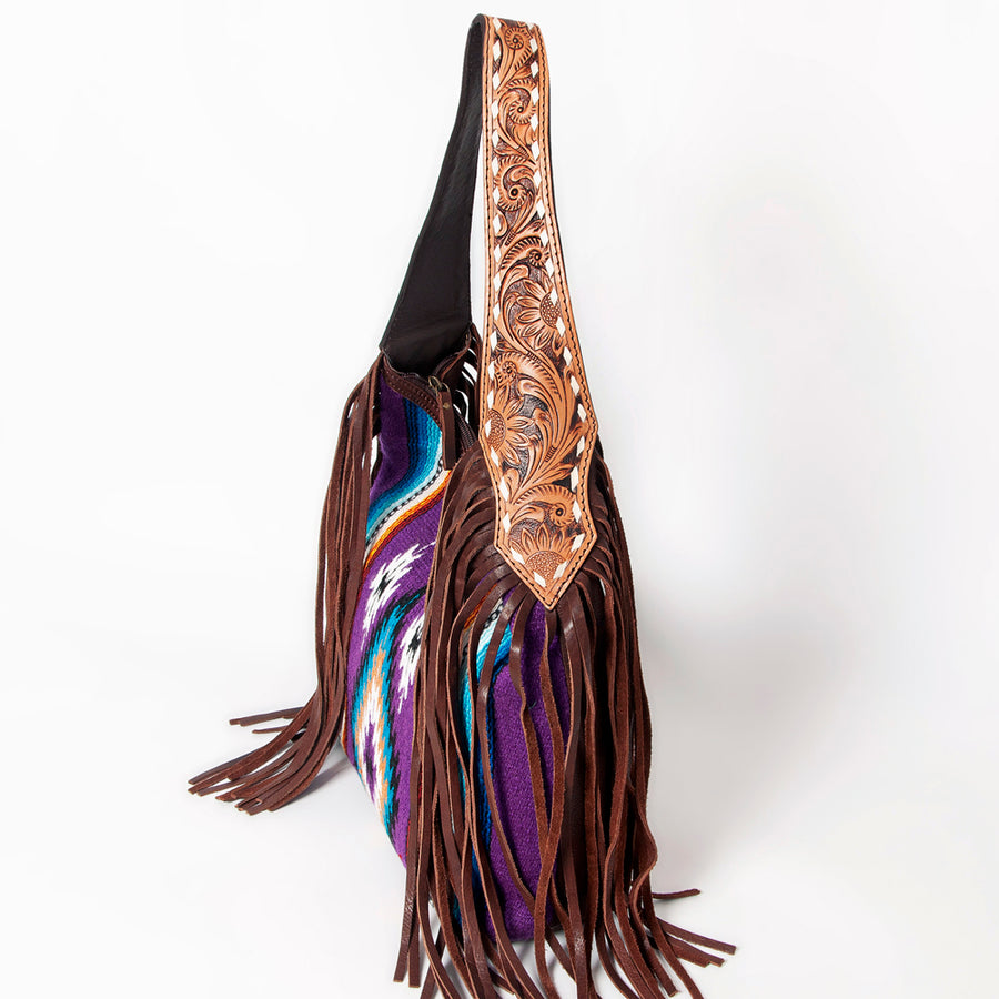 American Darling Hand-Woven Saddle Blanket Hobo Bag Women's Genuine Leather Hand Tooled Purse with Fringes & YKK Zipper