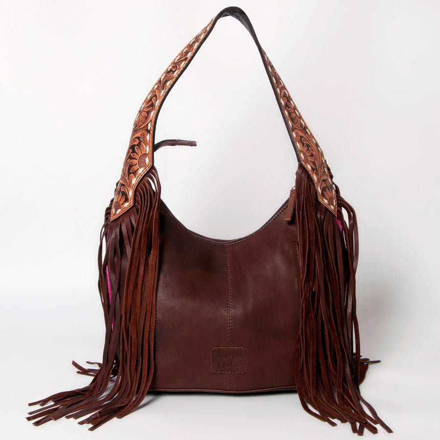 American Darling Hand-Woven Saddle Blanket Hobo Bag Women's Genuine Leather Hand Tooled Purse with Fringes & YKK Zipper