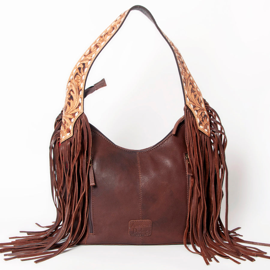 American Darling Hand-Woven Saddle Blanket Hobo Bag Women's Genuine Leather Hand Tooled Purse with Fringes & YKK Zipper