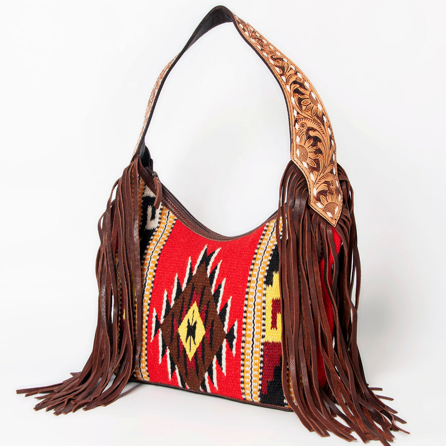 American Darling Hand-Woven Saddle Blanket Hobo Bag Hand Tooled Leather Fringe - Uhorse
