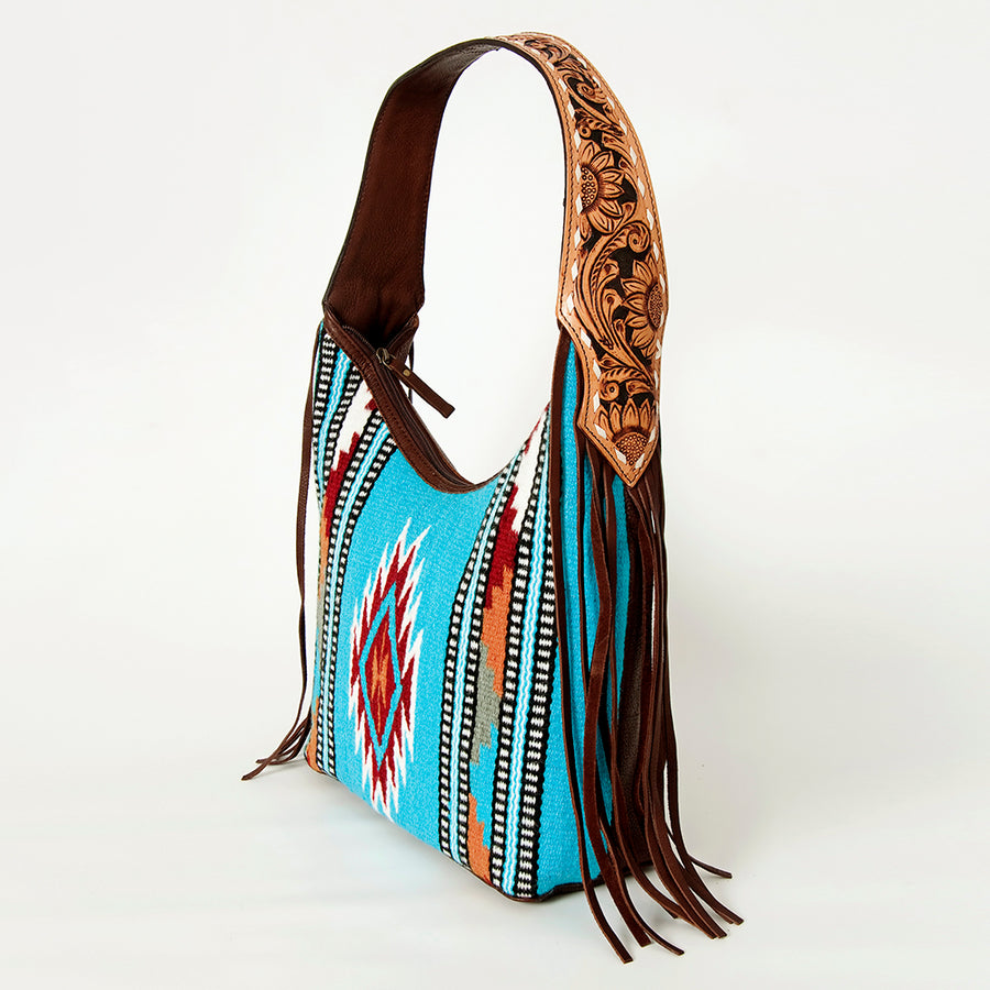 American Darling Hand-Woven Saddle Blanket Hobo Bag Women's Genuine Leather Hand Tooled Purse with Fringes & YKK Zipper