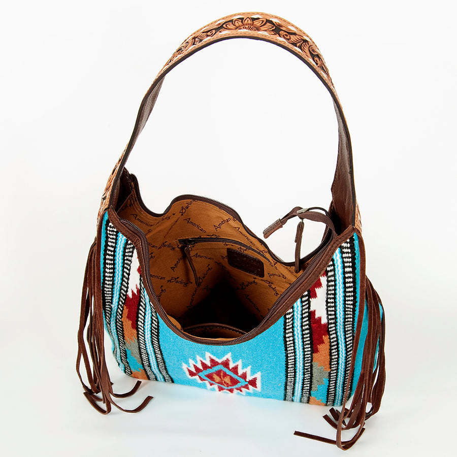 American Darling Hand-Woven Saddle Blanket Hobo Bag Women's Genuine Leather Hand Tooled Purse with Fringes & YKK Zipper