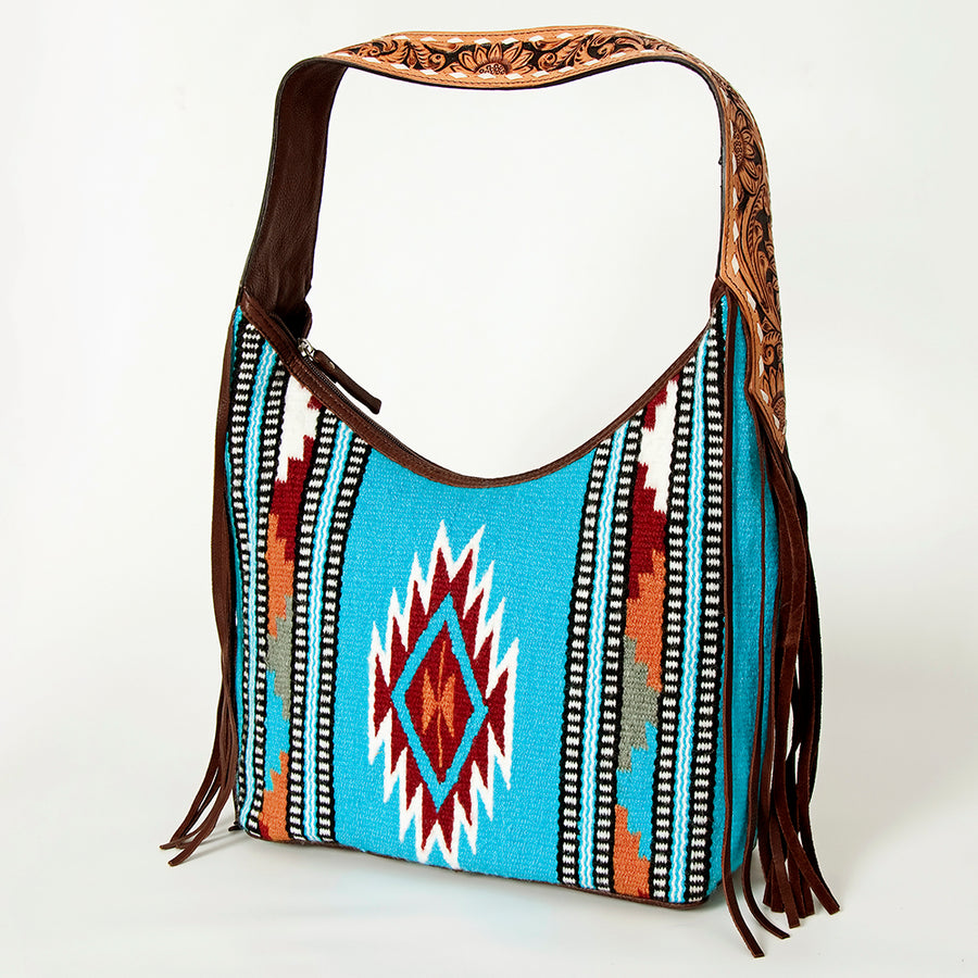 American Darling Hand-Woven Saddle Blanket Hobo Bag Hand Tooled Leather Fringe - Uhorse
