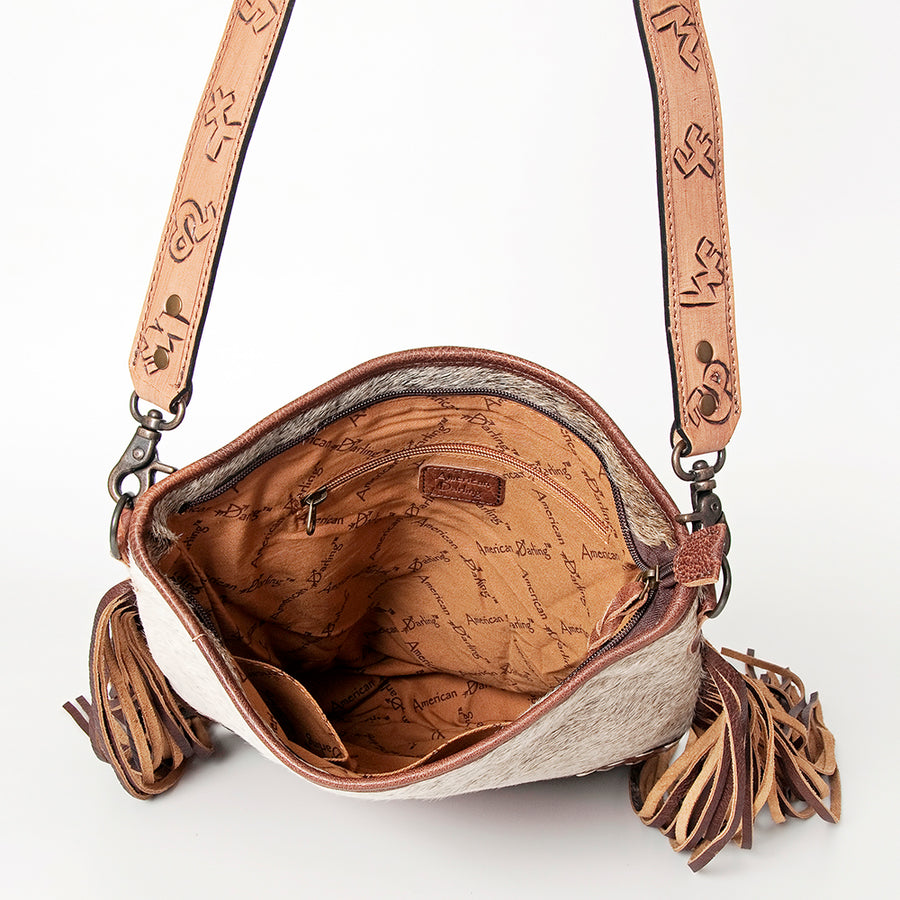 American Darling Large Cross body Bag Handcrafted from Hair-On Cowhide & Hand Tooled Genuine Leather with Fringes