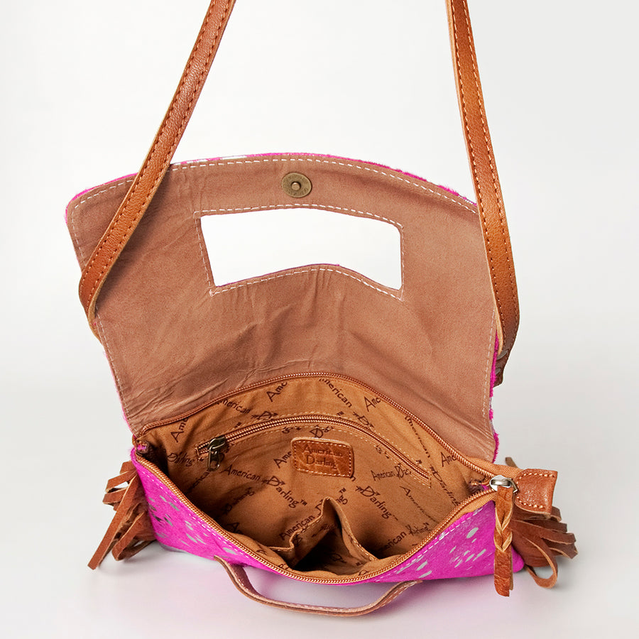 American Darling Small Cross body Bag, Hair-On Cowhide & Hand Tooled Floral Leather, Fringes, Vegetable Tanned Genuine Leather