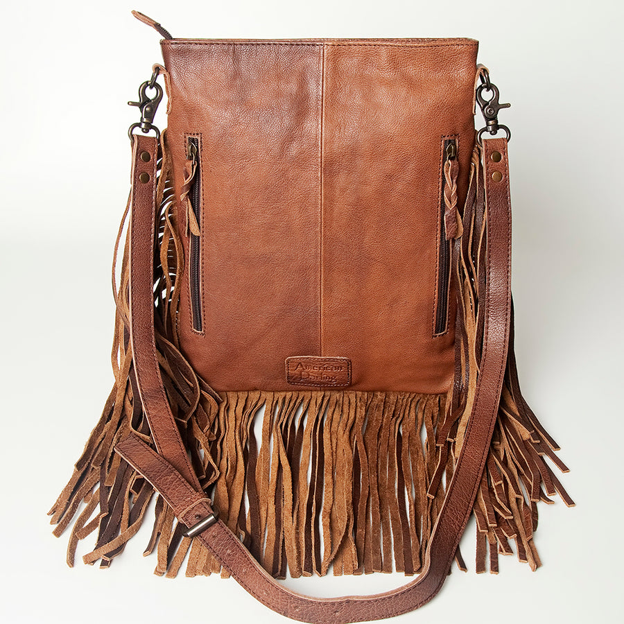 American Darling Large Cross body Bag, Hand Tooled Vegetable-Tanned Leather, Western Fringed Handcrafted Crossbody Purse