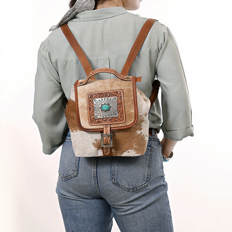 American Darling Backpack Bag Hair-On Cowhide Genuine Leather Western Rucksack with Hand Tooled Trim and YKK Zipper