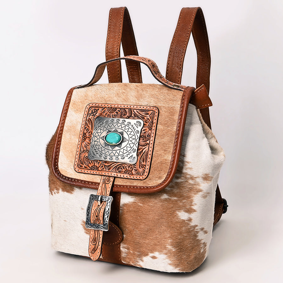 American Darling Hair-On Cowhide Western Leather Backpack Bag with Hand Tooled Detailing - Uhorse