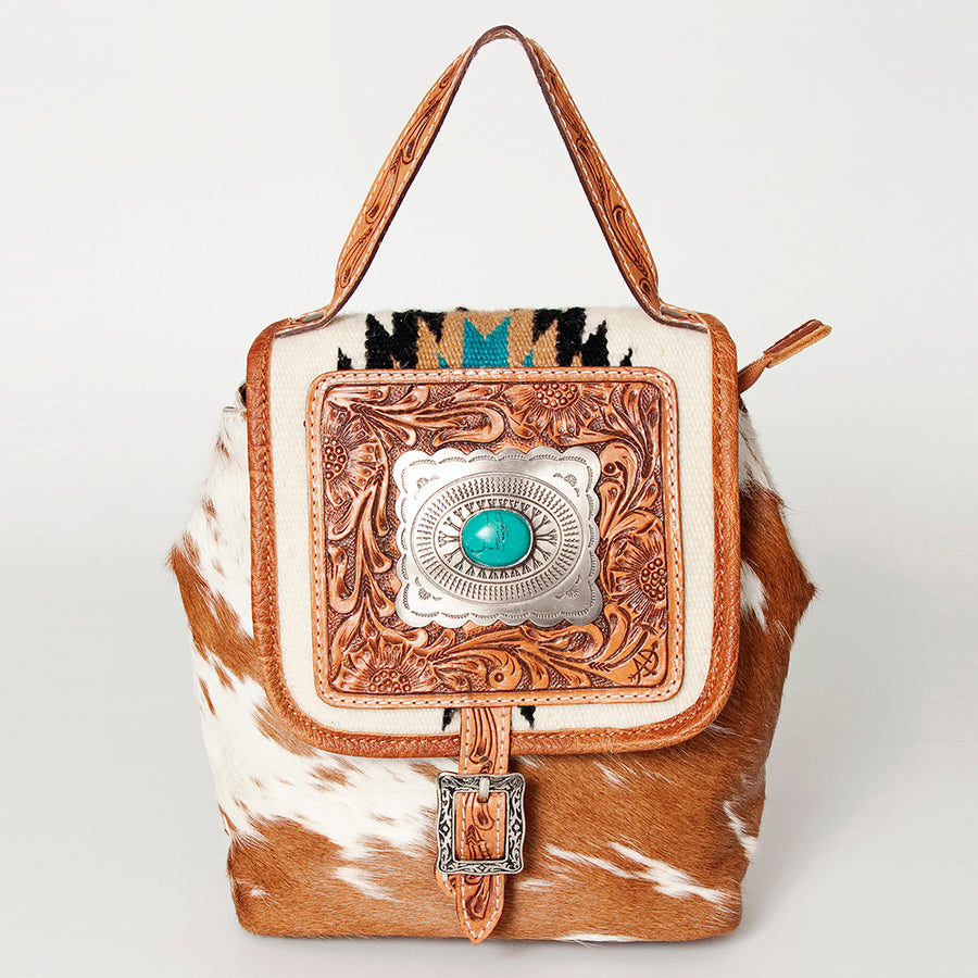 American Darling Backpack Bag Hair-On Cowhide Genuine Leather Western Rucksack with Hand Tooled Trim and YKK Zipper