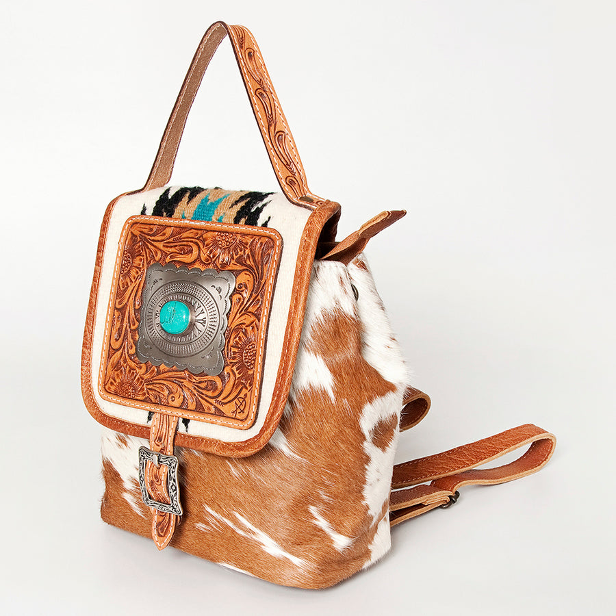 American Darling Hair-On Cowhide Western Leather Backpack Bag with Hand Tooled Detailing - Hilason