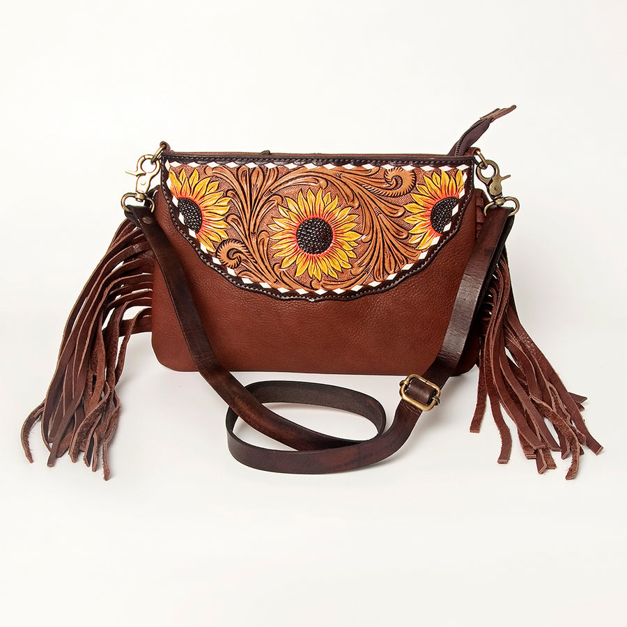 American Darling Large Cross body Bag Hand Tooled Floral Carved Genuine Leather with Fringes Western Purse