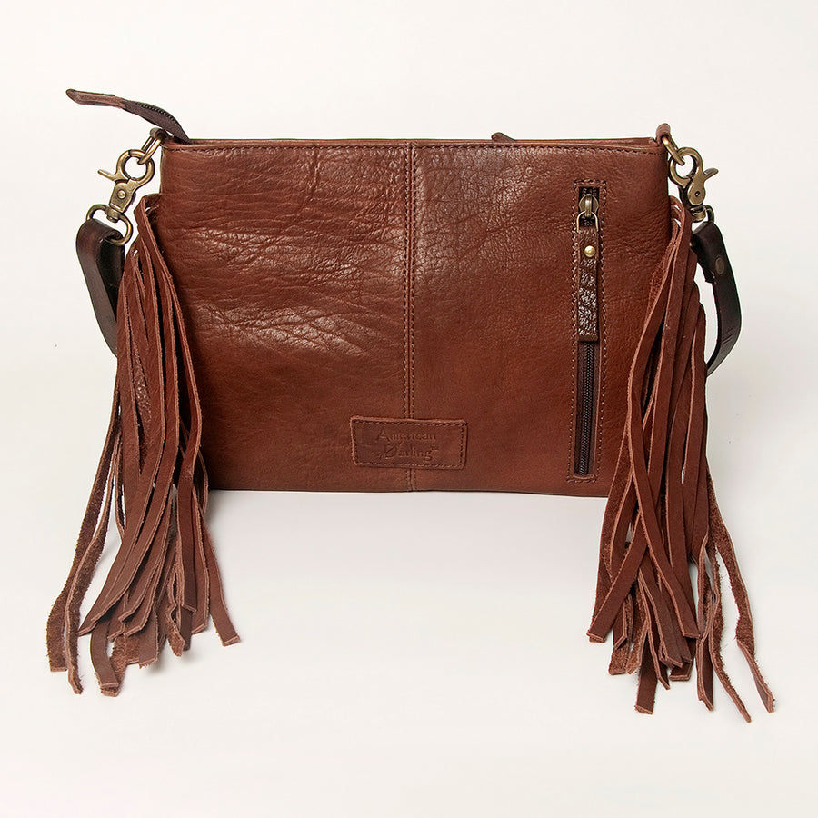 American Darling Large Cross body Bag Hand Tooled Floral Carved Genuine Leather with Fringes Western Purse