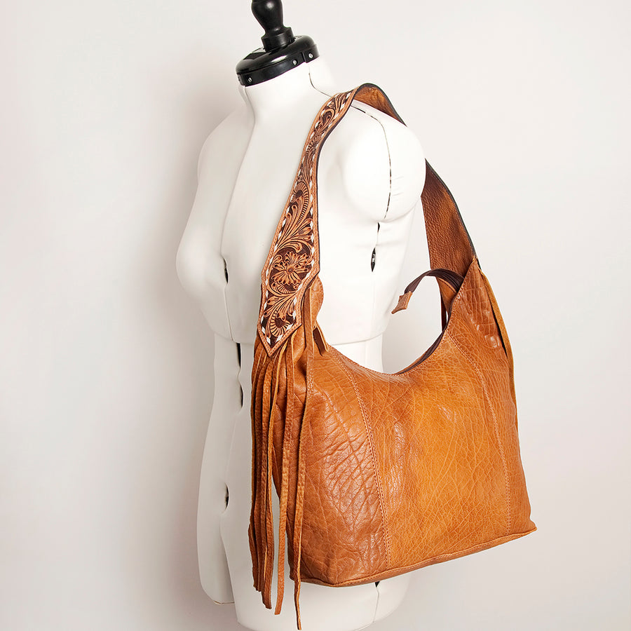 American Darling Hand Tooled Genuine Leather Hobo Bag for Women Floral Carved Vegetable-Tanned Purse with Fringes