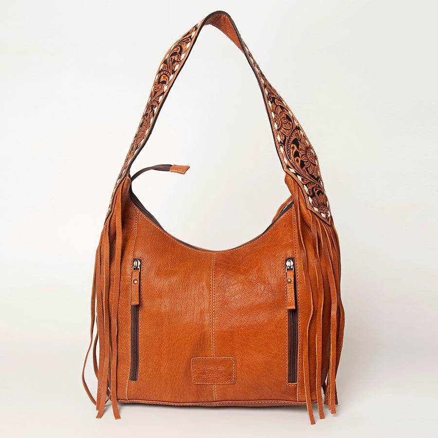 American Darling Hand Tooled Genuine Leather Hobo Bag for Women Floral Carved Vegetable-Tanned Purse with Fringes