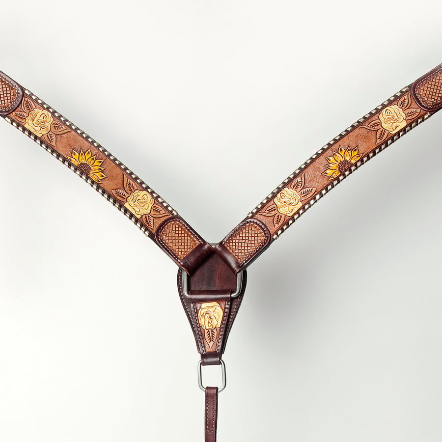 Brown leather horse breast collar with tooled floral design - Uhorse