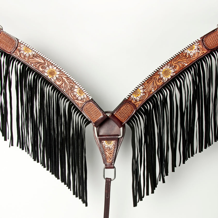 Leather breast collar with black fringe and tooled trim - Uhorse