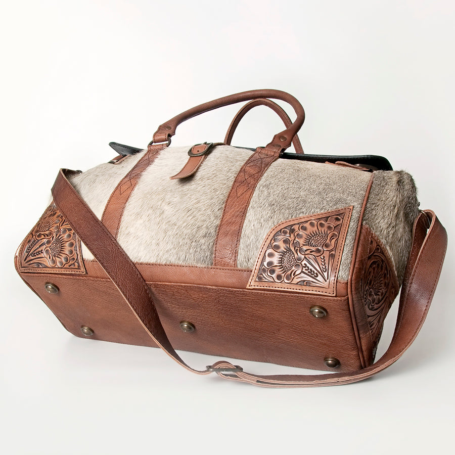 American Darling Duffel Bag Hand Tooled Floral Carved Hair-On Cowhide Genuine Vegetable Tanned Leather Travel Bag YKK Zipper