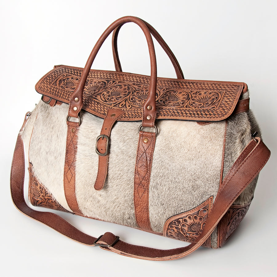 American Darling Hand Tooled Floral and Hair-On Cowhide Western Duffel Bag - Uhorse