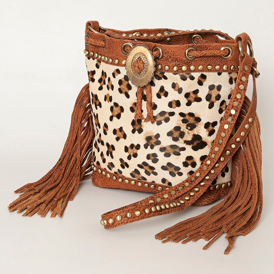 American Darling Hair-On Cowhide Bucket Bag with Fringes and Riveted Details - Uhorse