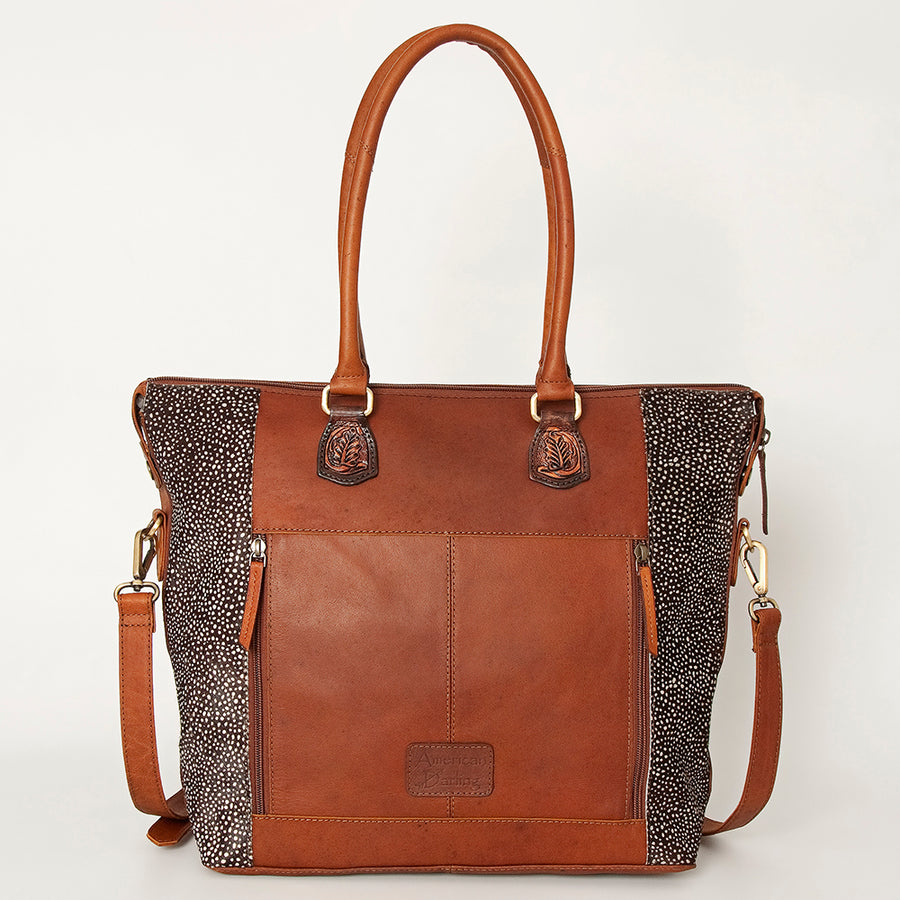 American Darling Tote Bag Hand Tooled Floral Carved Hair-On Cowhide Genuine Vegetable Tanned Leather 14in X 14in X 6in