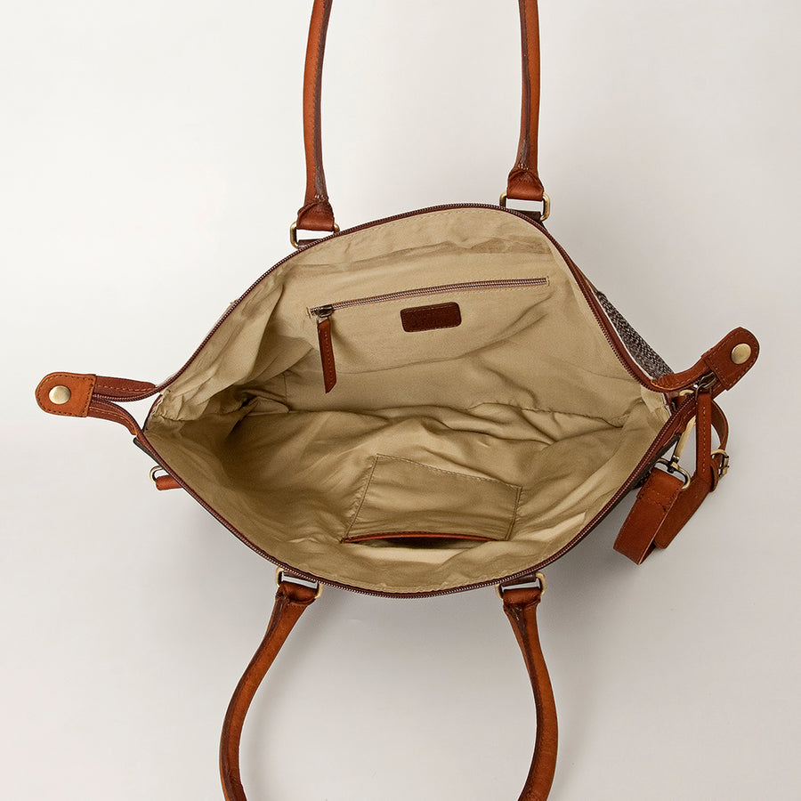 American Darling Tote Bag Hand Tooled Floral Carved Hair-On Cowhide Genuine Vegetable Tanned Leather 14in X 14in X 6in
